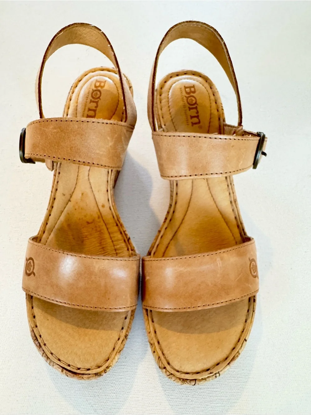 Born Lenore Cork Wedge Sandal Womens 7 Natural Tan Leather Comfort Platform Shoe - Picture 3 of 10